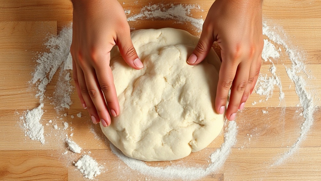 hands kneading pizza dough on a lightly floured wooden surface