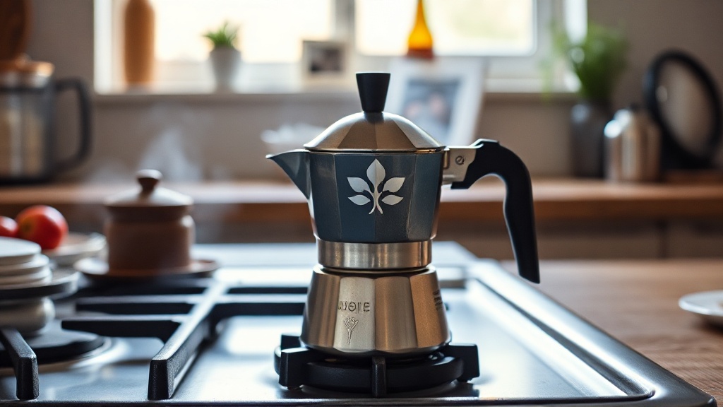 a silver Bialetti Moka pot on a gas stovetop with steam rising, shot in a warm kitchen setting