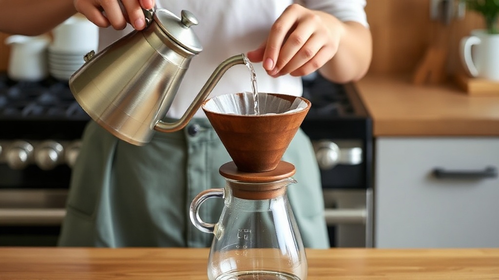 hands pouring hot water from a gooseneck kettle over a V60 dripper with a glass carafe below on a wooden kitchen counter