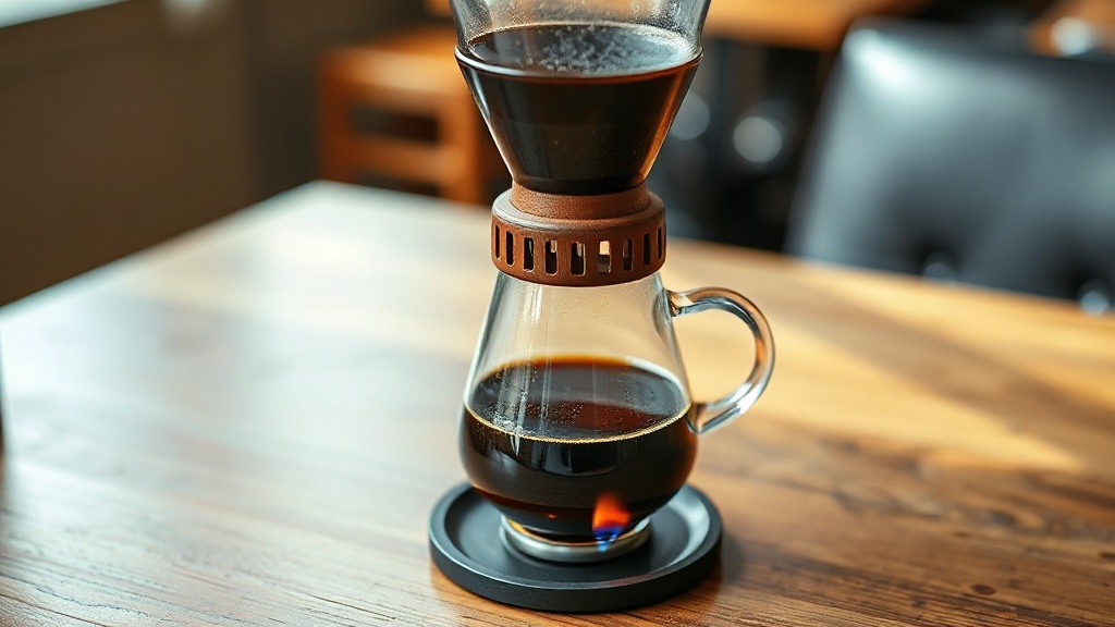 a glass siphon coffee maker with a small flame beneath it on a cafe-style wooden table, showing the brewing process in progress