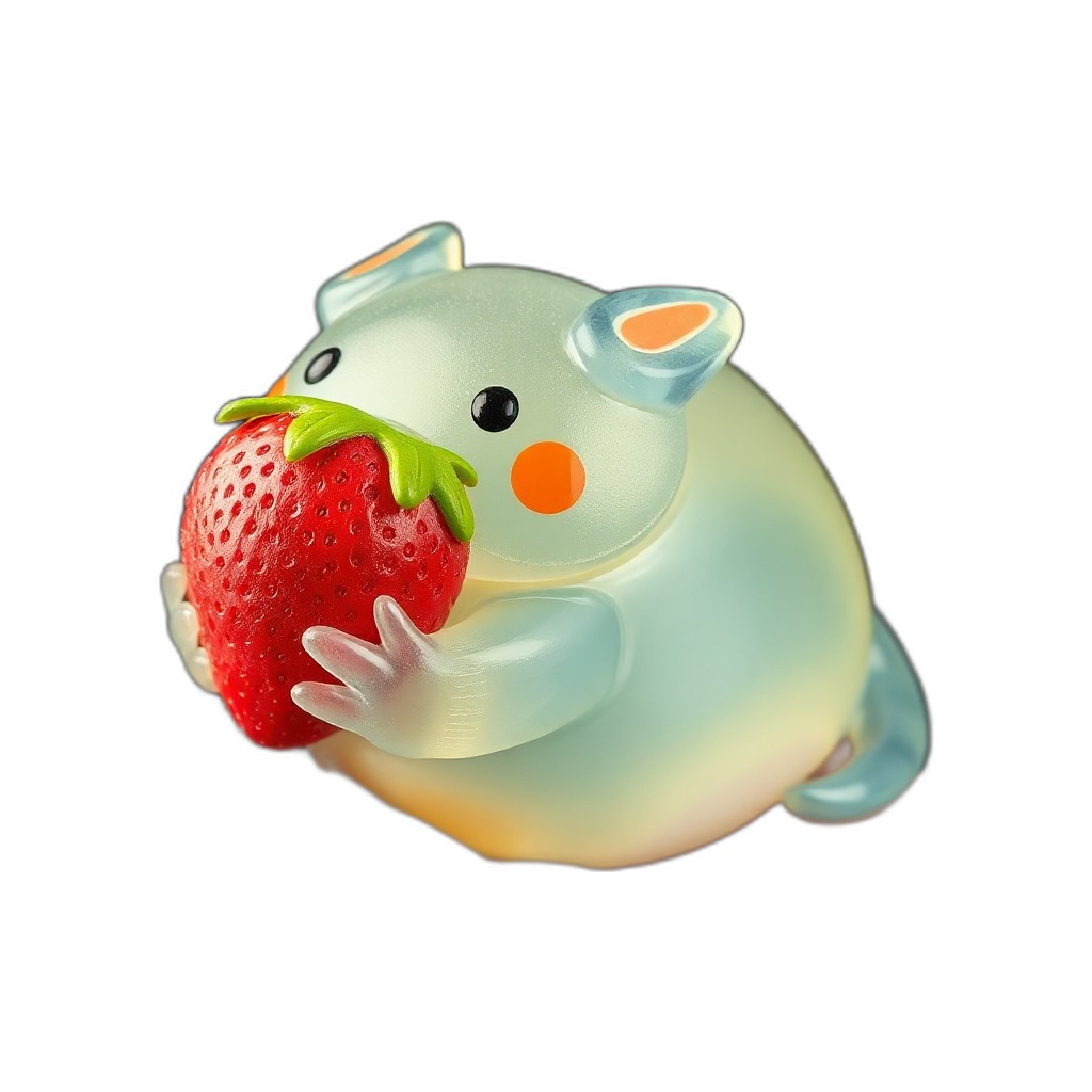 Jellylotl — Jellylotl is a clear, squishy axolotl cuddling a tiny strawberry—soft, huggable, and perfectly safe for little hands.