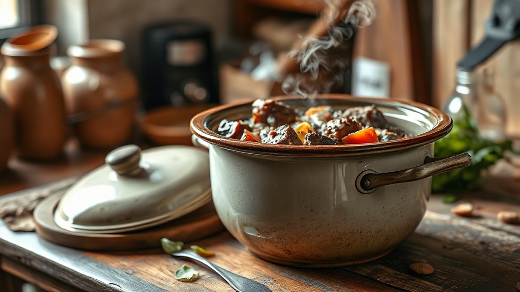 a ceramic slow cooker on a rustic kitchen counter with steam rising from a beef stew inside