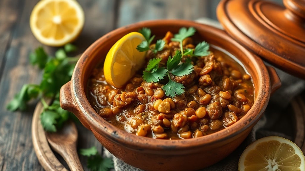 a rustic slow cooker meal of lentil curry in a terracotta bowl garnished with fresh cilantro and lemon