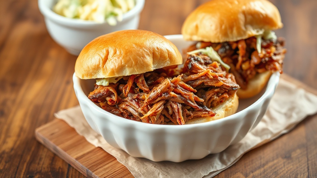 a white bowl of pulled pork sandwiches on brioche buns with coleslaw on a wooden table