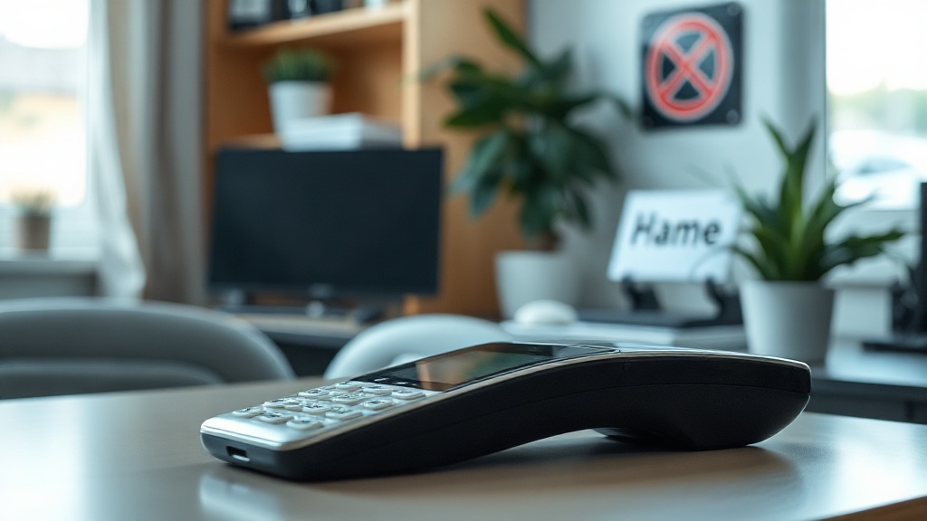 a calm home office scene with a phone face-down on a desk and a "do not disturb" sign visible in the background
