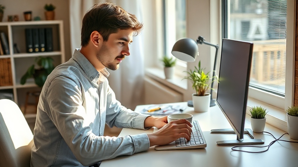 a person working focused at a bright home desk in the morning with a coffee cup beside their keyboard