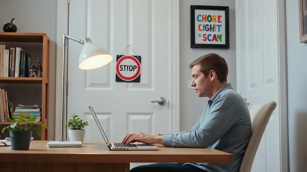 a parent working at a laptop in a home office with a closed door and colorful do-not-disturb sign hanging on it