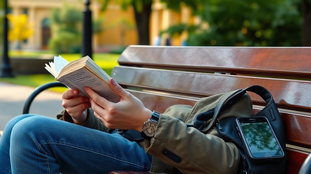 a person sitting on a park bench reading a paperback book, with a phone tucked away in a bag beside them