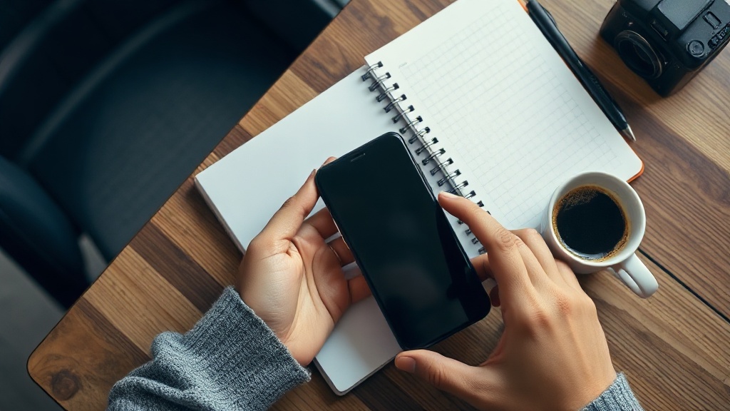 a person placing a smartphone face-down on a wooden desk beside a paper notebook and a cup of coffee