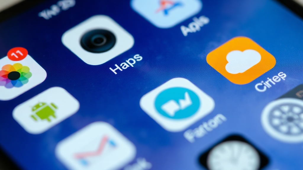 a close-up of a smartphone home screen with only a few minimalist app icons visible, on a light background