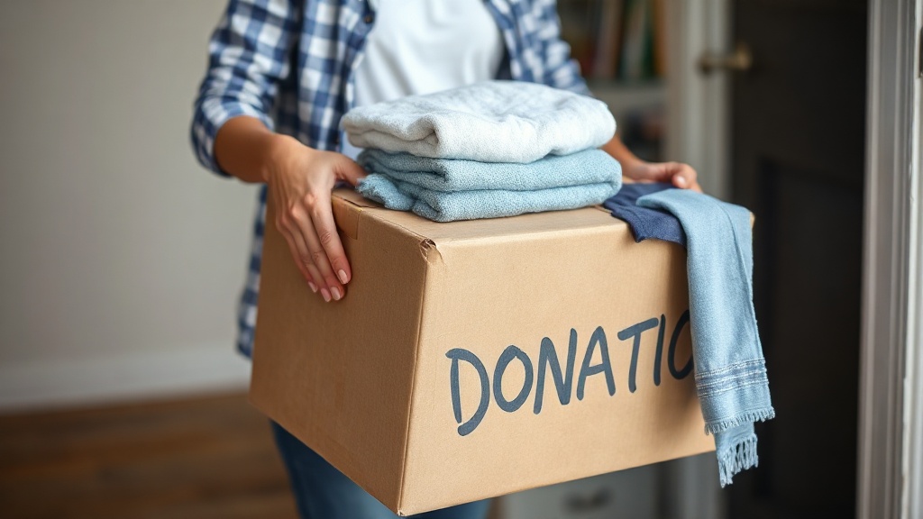 a person holding a cardboard donation box filled with neatly folded clothes and household items, standing near a front door