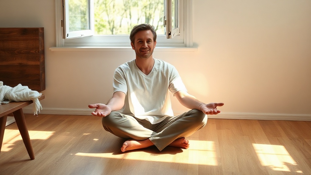 a person sitting cross-legged on a clear wooden floor next to an open window, looking relaxed and calm, surrounded by minimal furniture
