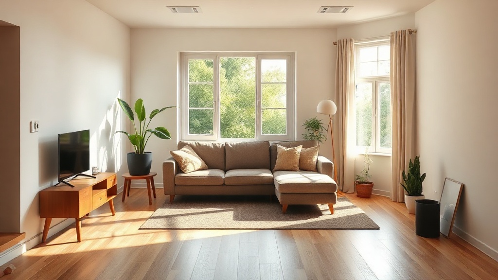 a clean, uncluttered living room with natural light, wooden floor, a sofa, and a few plants near the window