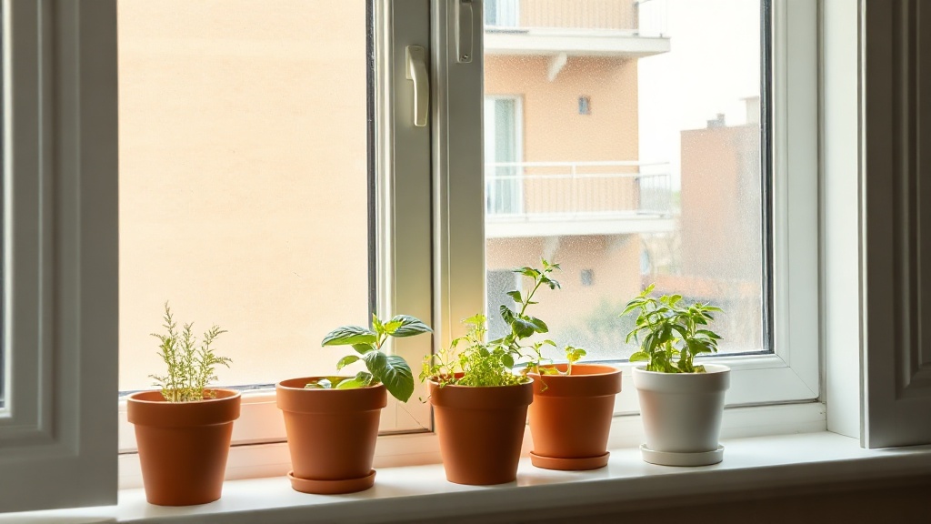 a sunny apartment windowsill with small terracotta pots of growing herbs like basil and mint
