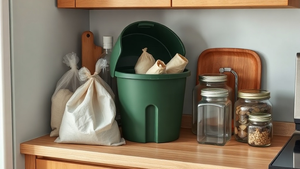 a small kitchen countertop with a compact compost bin, reusable bags, and glass jars for bulk storage