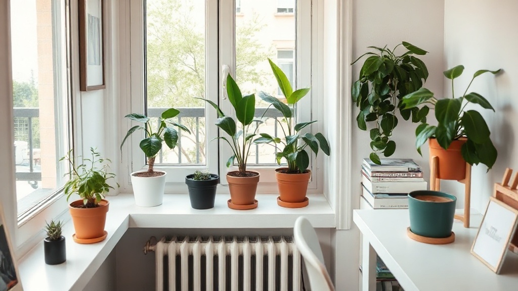 a tidy, light-filled small apartment interior with plants on windowsill and minimal clutter, sustainable living