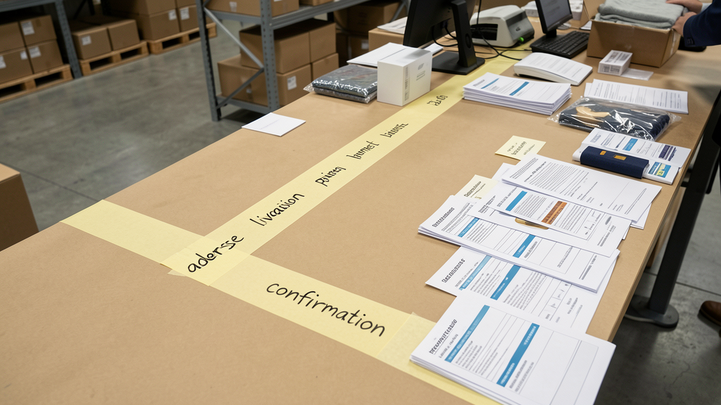 Deux chemins de check out matérialisés sur un comptoir de préparation de commandes