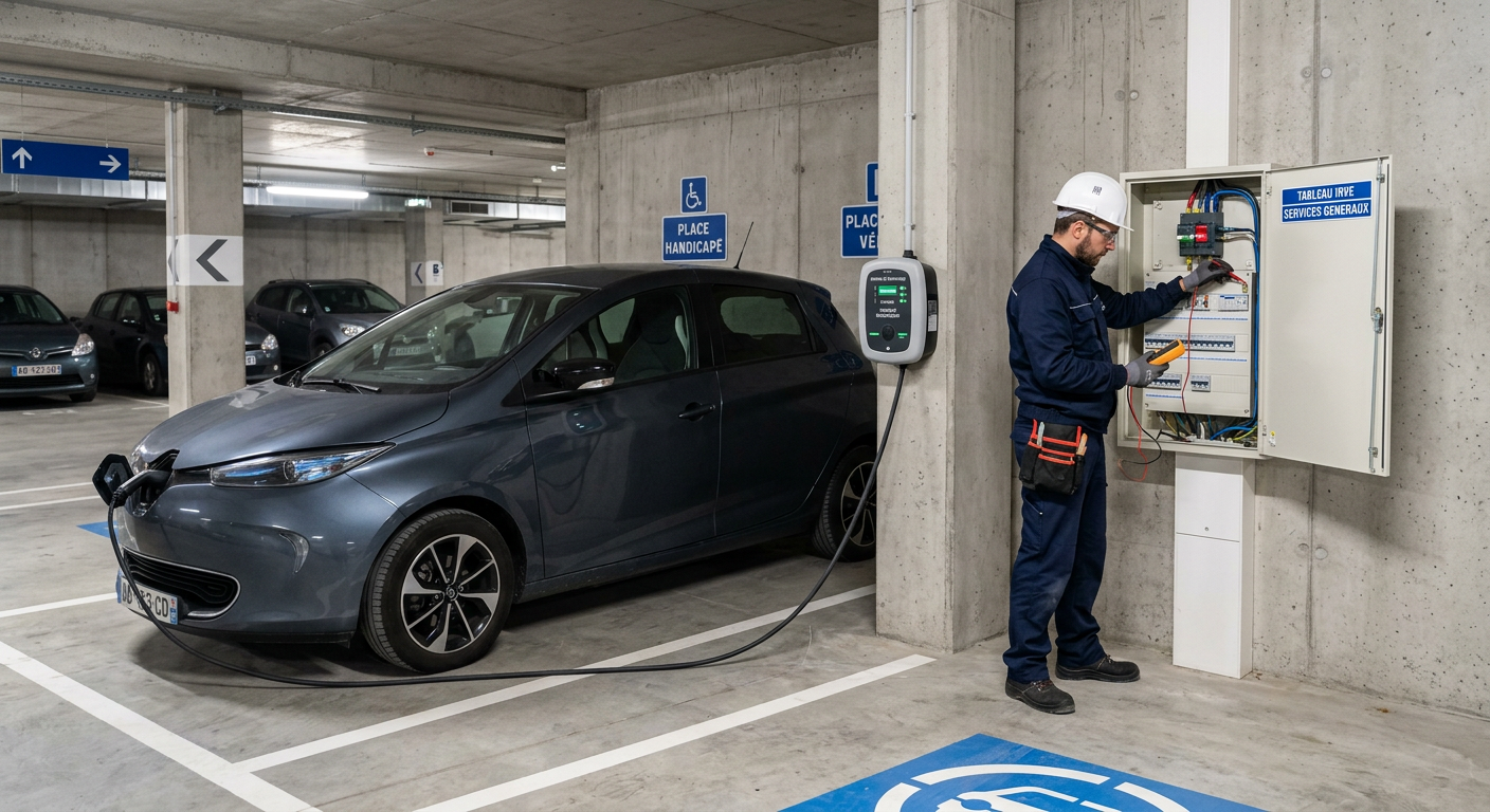 Borne de recharge électrique installée en copropriété avec un véhicule en charge et un installateur contrôlant la connexion.