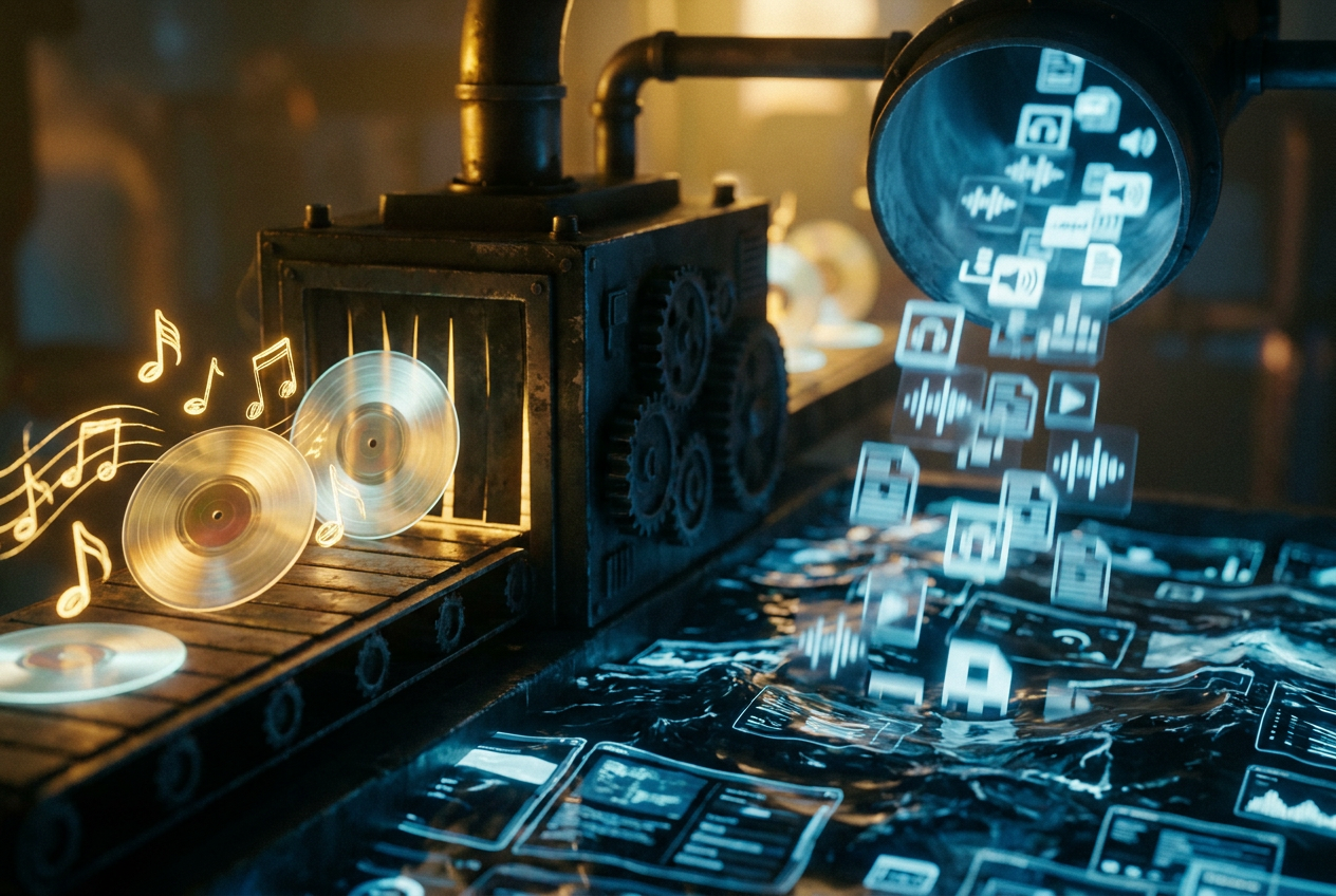 alt text for accessibility: A split image showing an original song being fed into a machine on one side, and thousands of AI-generated clones coming out the other side flooding a digital streaming platform