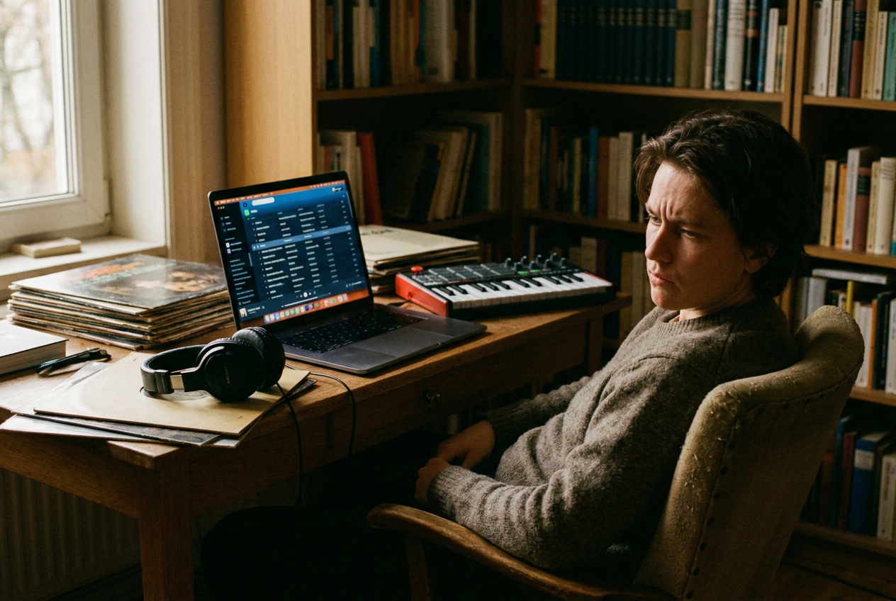 alt text for accessibility: A musician staring at a laptop screen showing a searchable database of song titles, with reflections of data on their face in a dim room