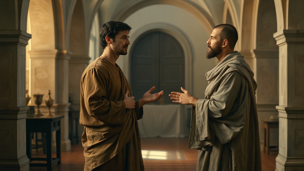 Biblical-inspired scene of unreturned affection transformed into humility and patience