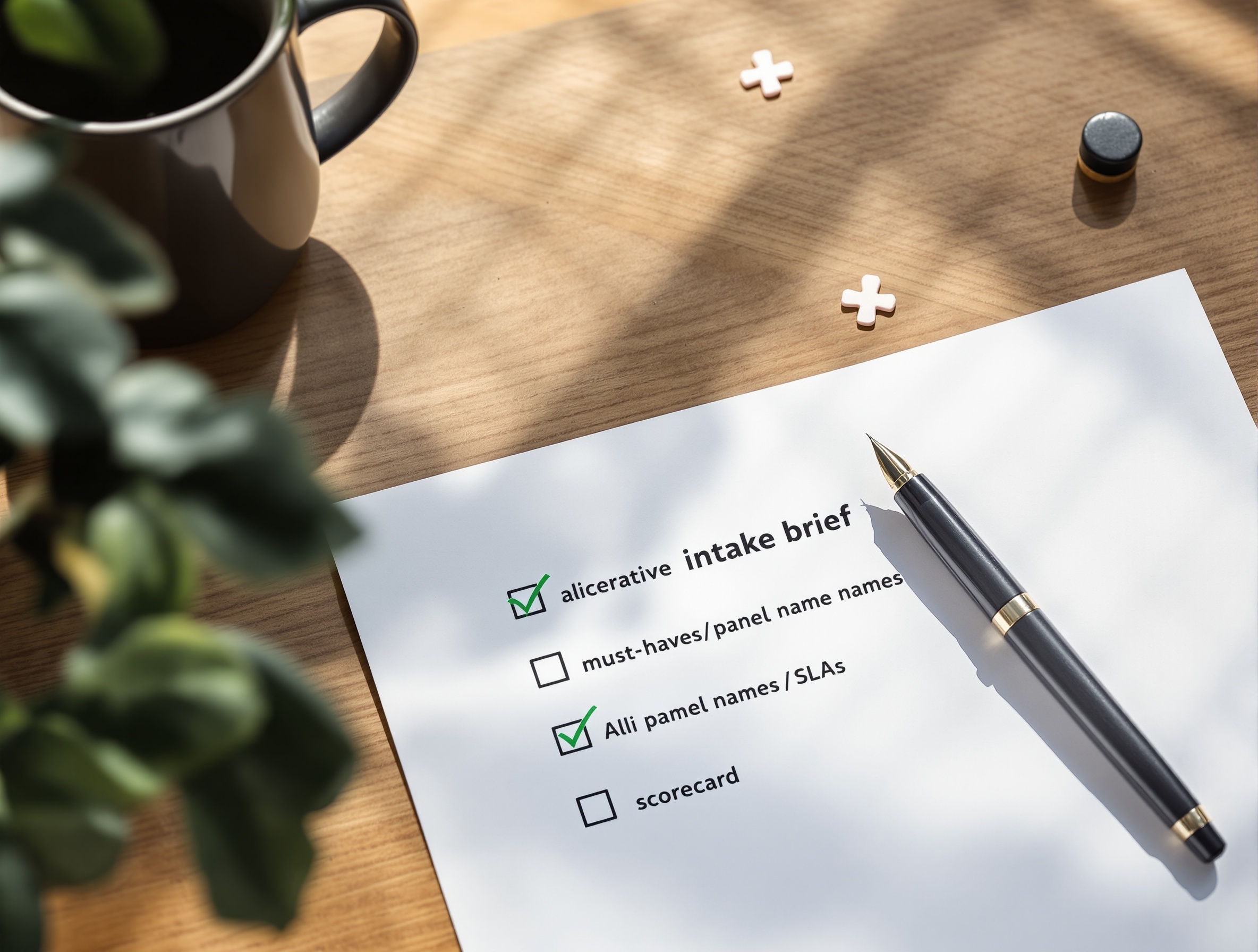 Intake one‑pager with must‑haves, panel, and SLAs laid out on a warm paper desk.