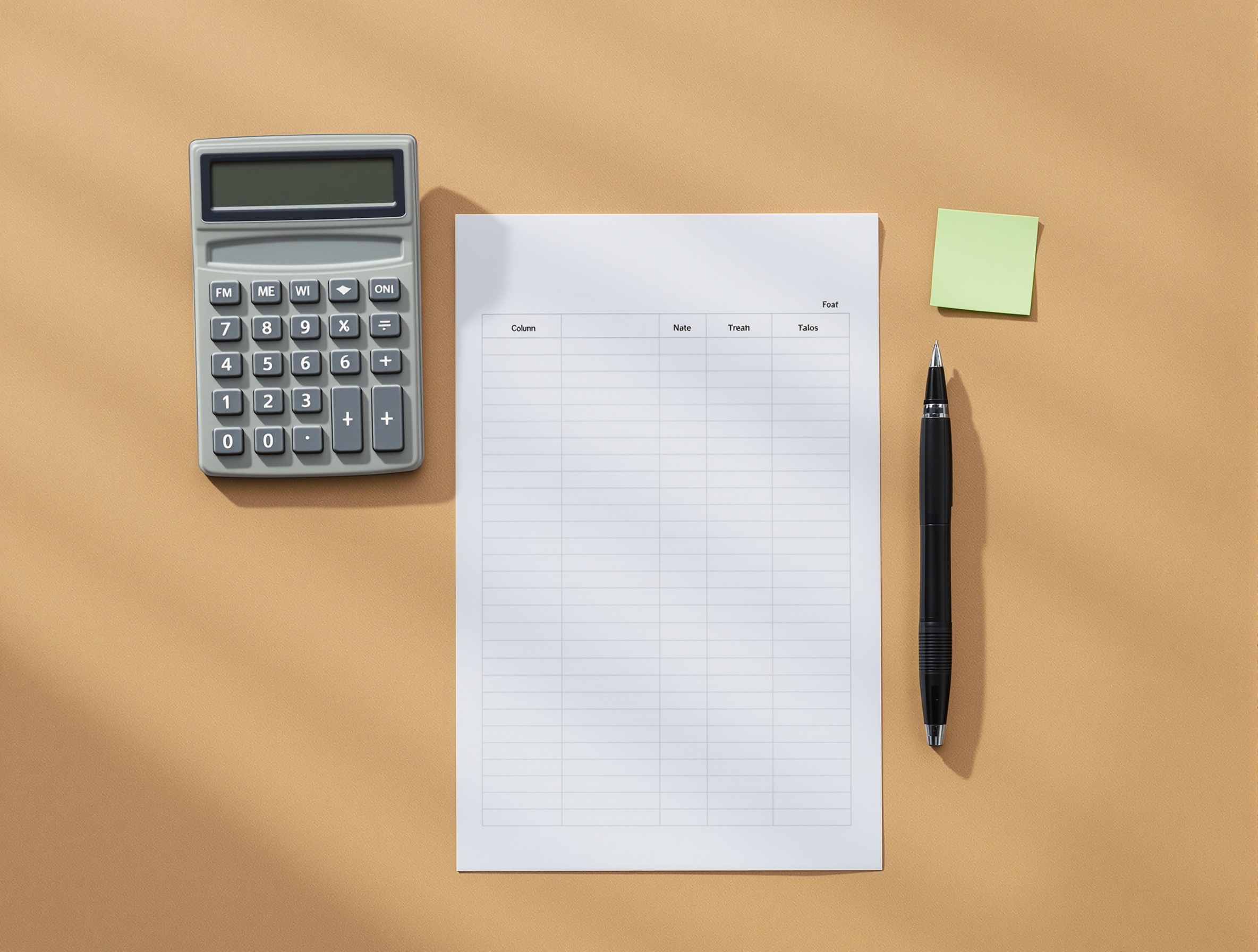 Editorial desk scene with a calculator and worksheet ready for a content ROI model.