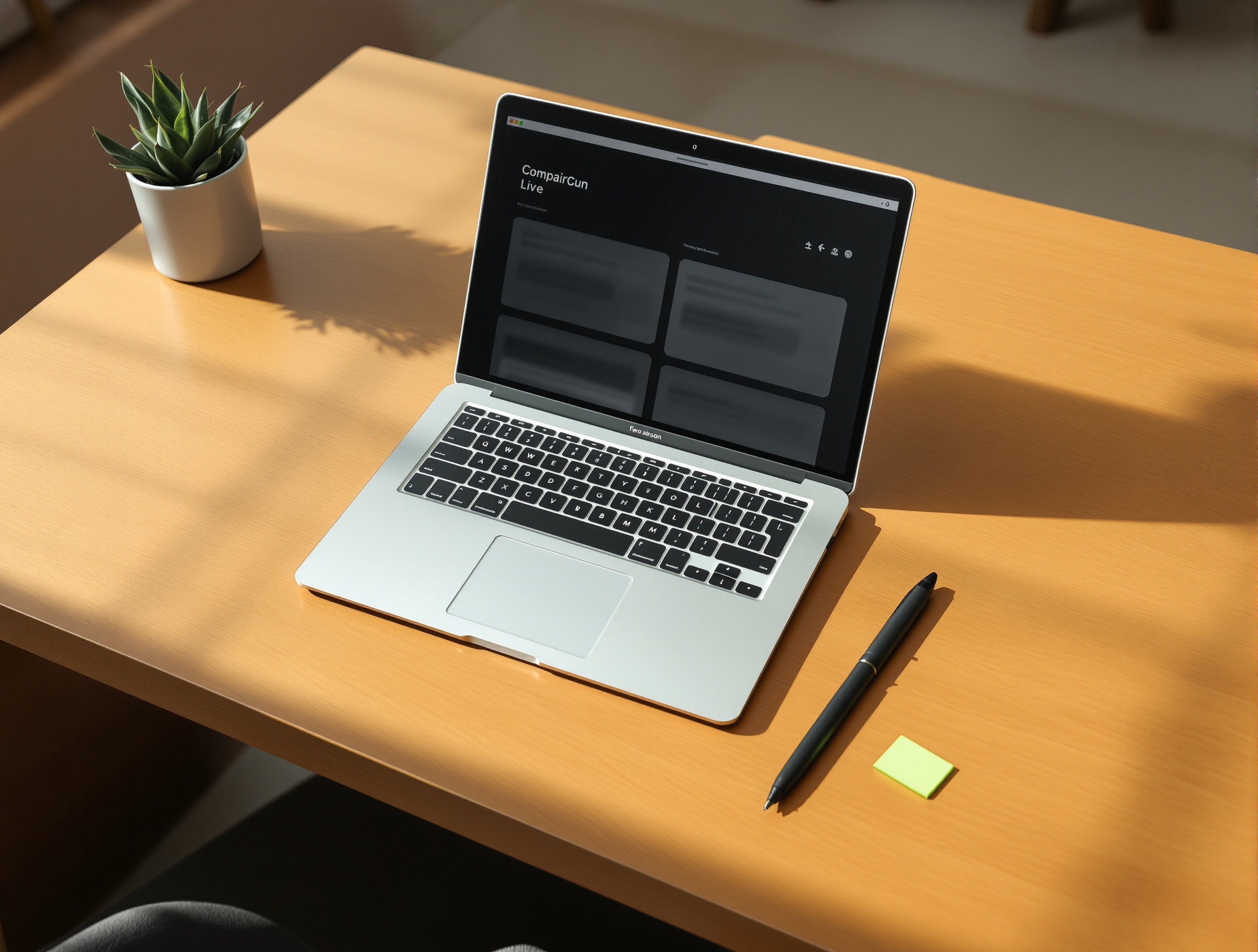 Minimal side‑by‑side comparison scene on a laptop with quiet desk elements.