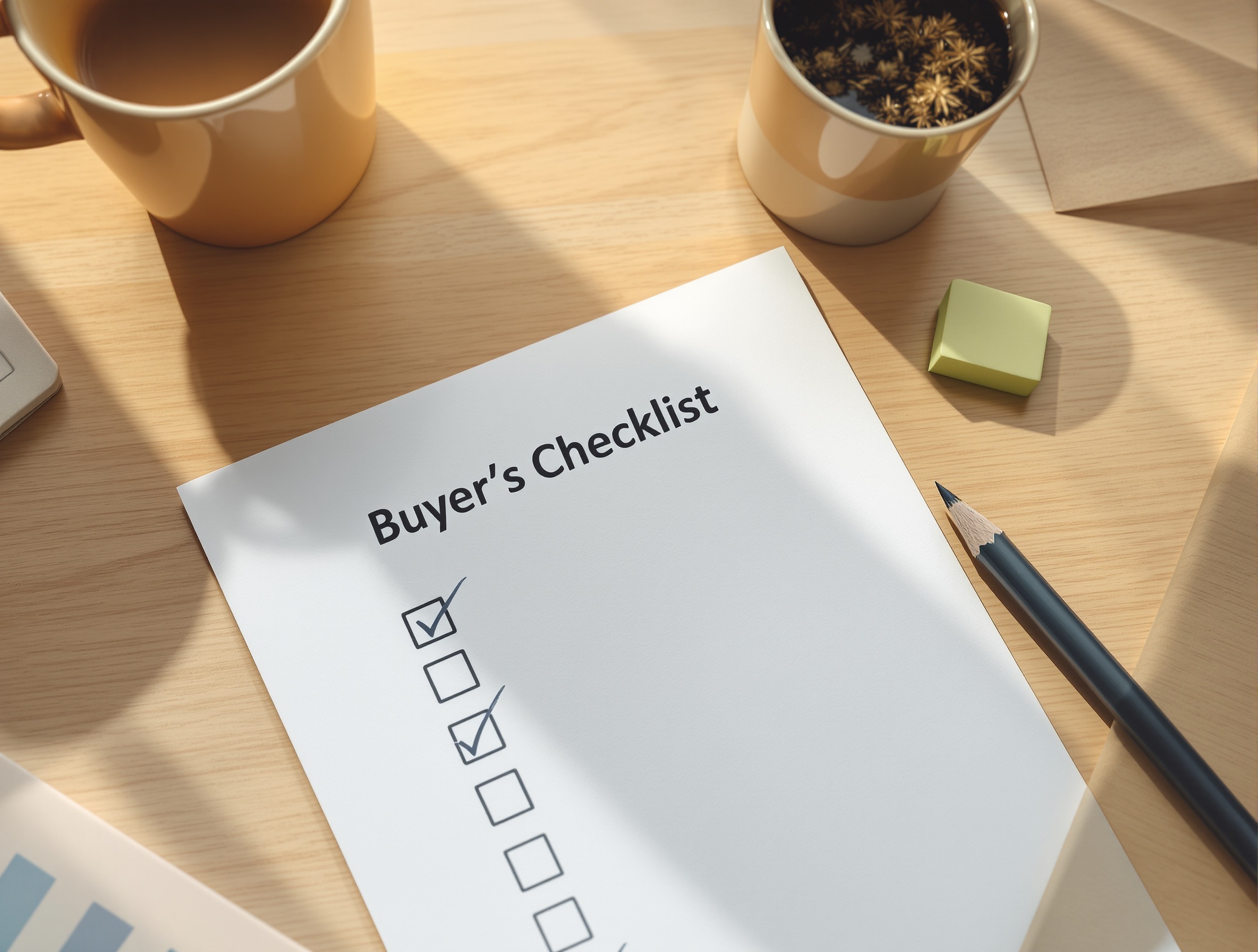Overhead still life of an AI workspace buyer’s checklist on a warm paper desk.