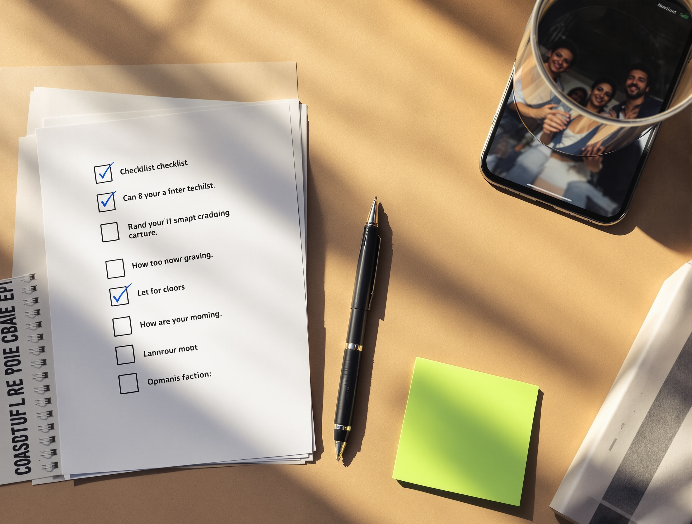 A quiet desk scene with a printed LinkedIn headshot buyer checklist and a phone previewing selfies.