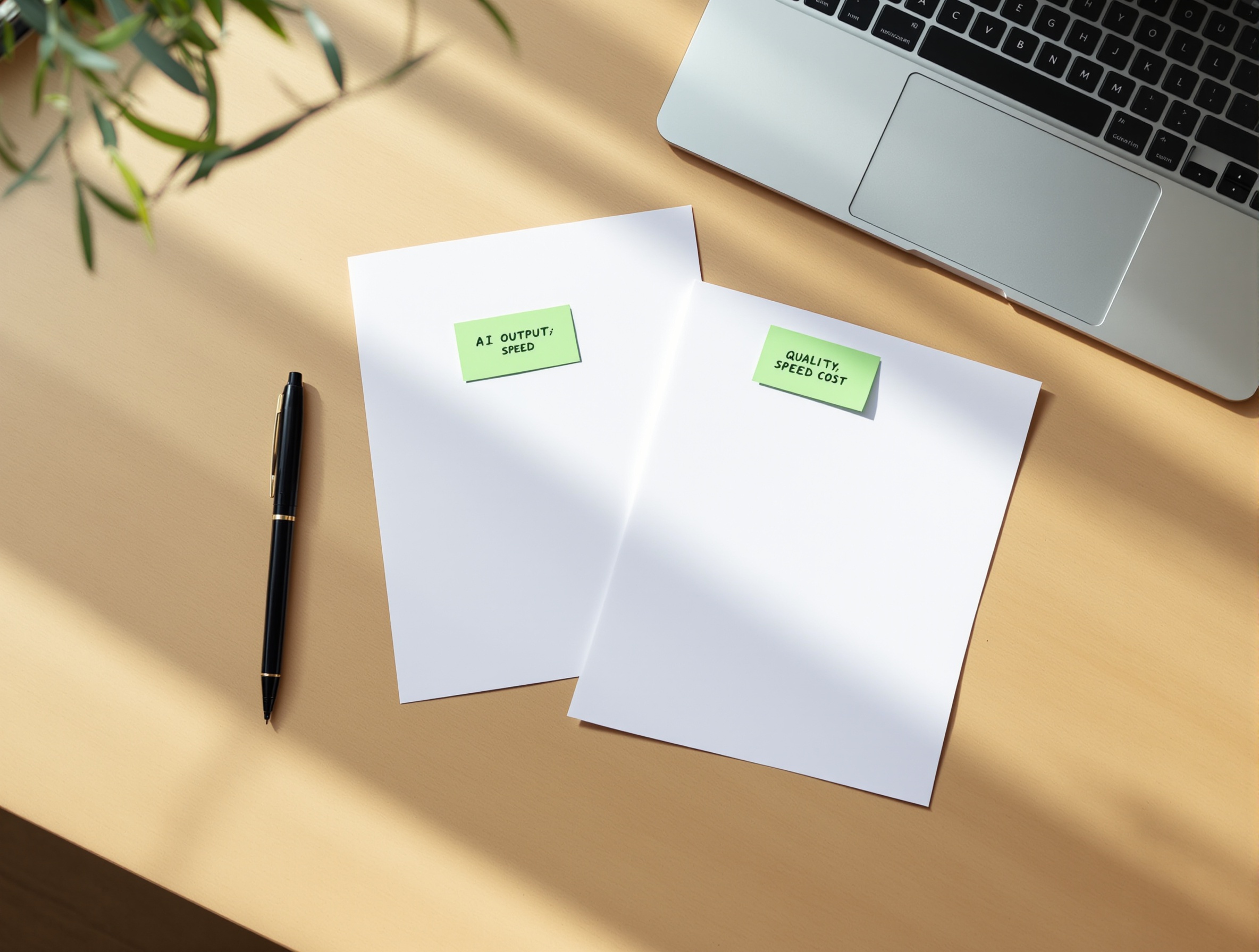 Two AI outputs laid out side‑by‑side with subtle markers for quality, speed, and cost on a calm desk scene.