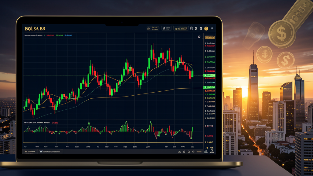 Gráficos de mercado ao amanhecer em São Paulo representando dólar, juros e Bolsa