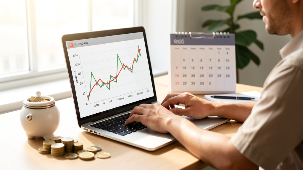 Pessoa planejando investimentos em notebook com gráficos de renda fixa, ações e calendário econômico