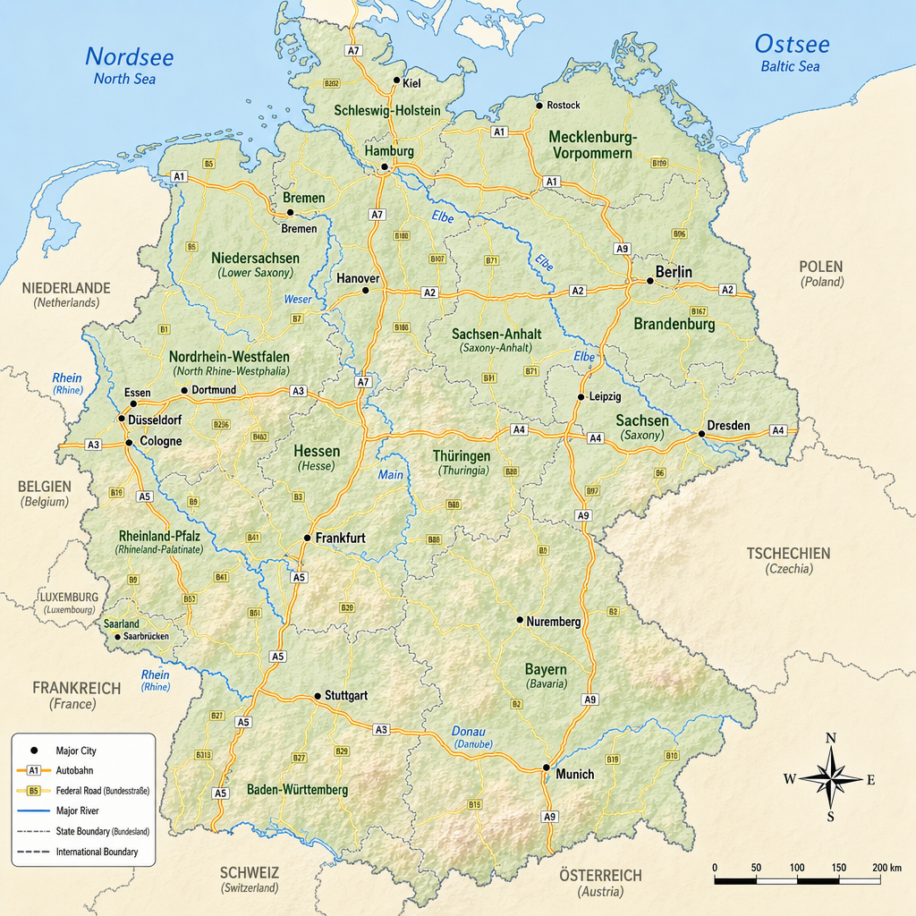 Deutschlandkarte mit Strassennamen
