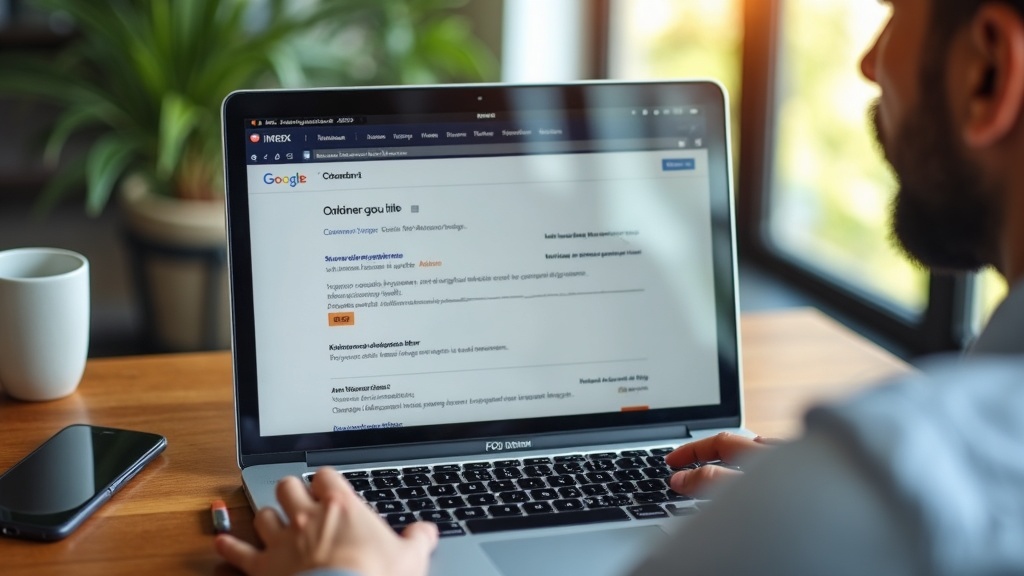 Profissional de marketing ajustando títulos e meta descriptions de blog em notebook.