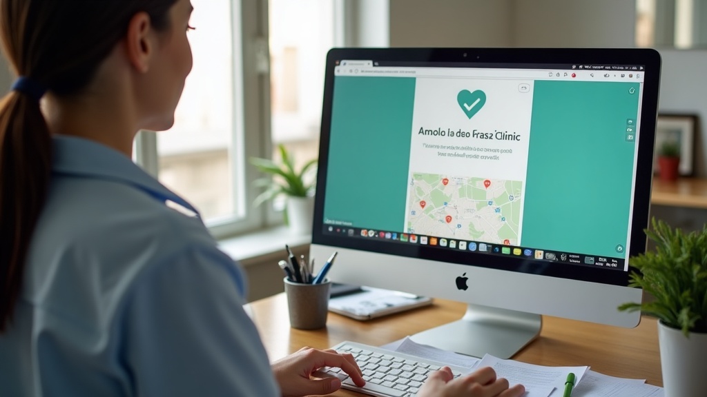 Recepcionista atualizando página de contato de site com endereço e mapa em computador.