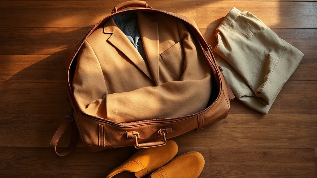 Cashmere blazer folded inside a leather travel bag alongside suede loafers and linen trousers