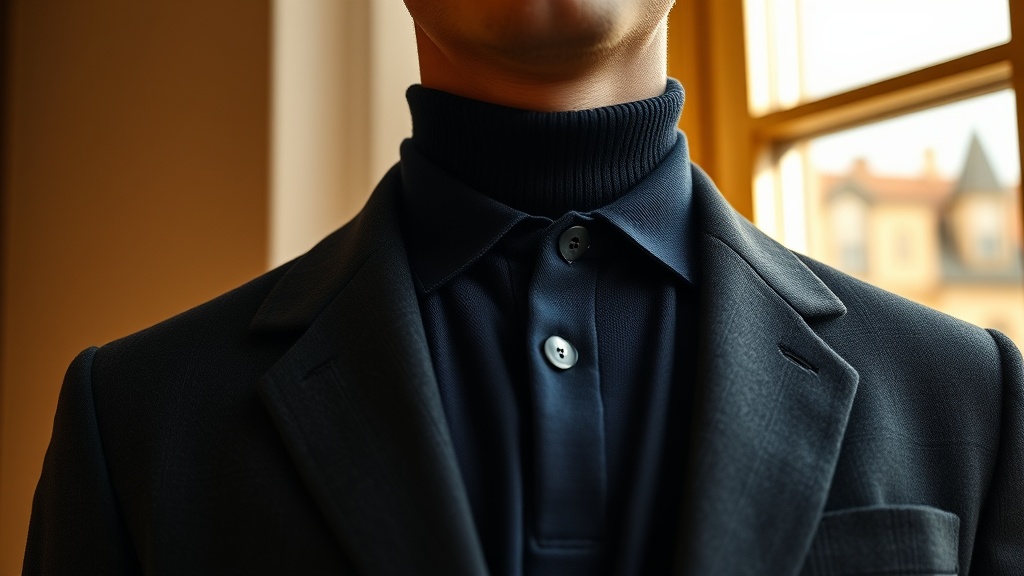 Fine knit polo collar layered beneath a charcoal cashmere blazer lapel, close editorial shot