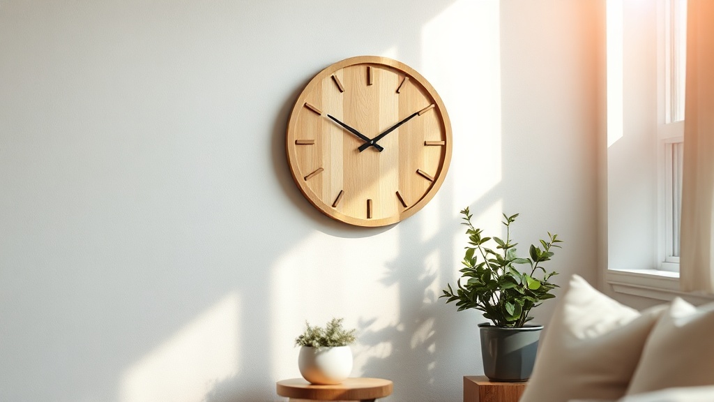 Scandinavian-style bamboo wooden wall clock mounted on a light grey wall in a minimalist living room
