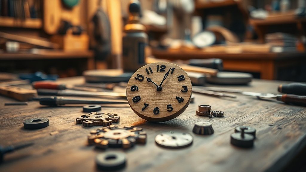 Wooden wall clock internal quartz mechanism and movement components on a workshop table
