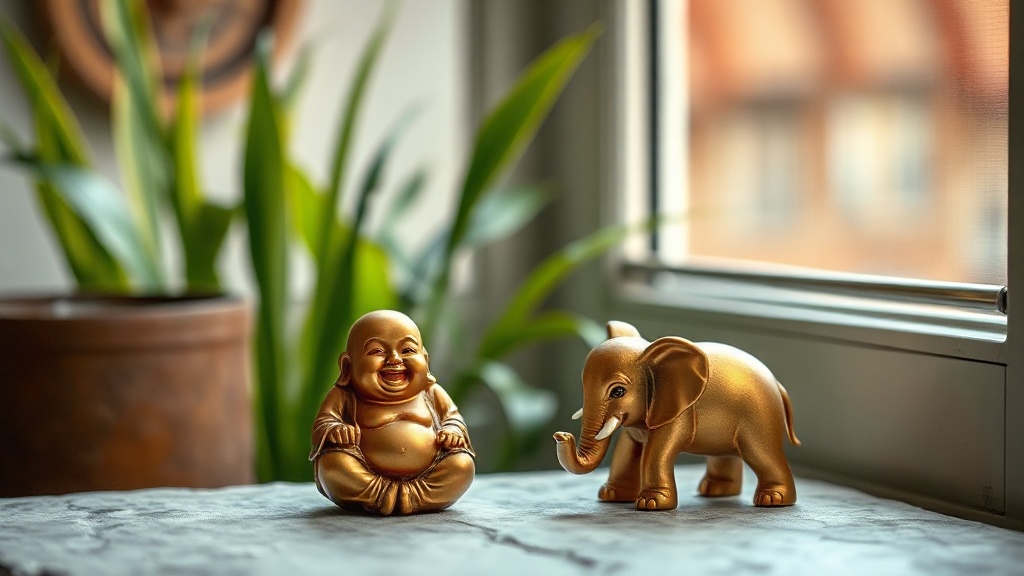 Golden Buddha and elephant figurines placed in a feng shui love and abundance corner near a window
