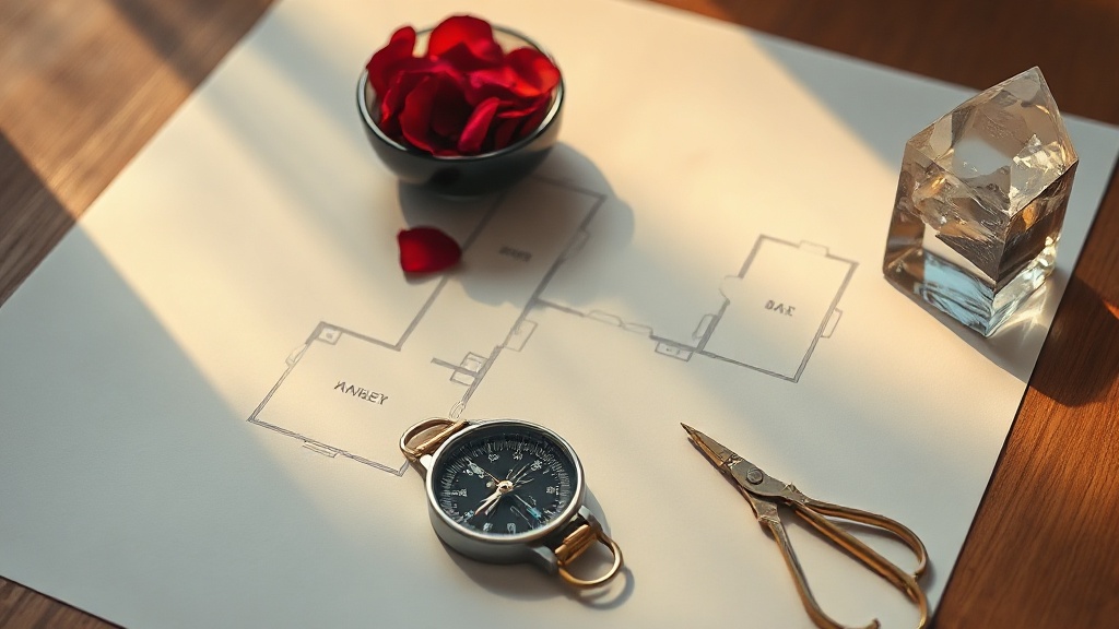 Compass and floor plan used to locate the southwest feng shui love corner in a home