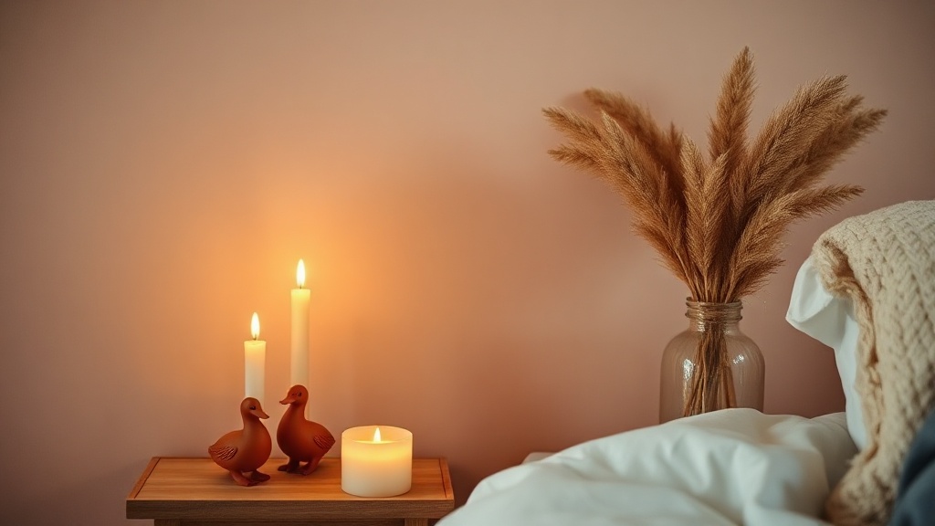 A curated feng shui love corner on a bedroom shelf with candles and paired symbolic objects