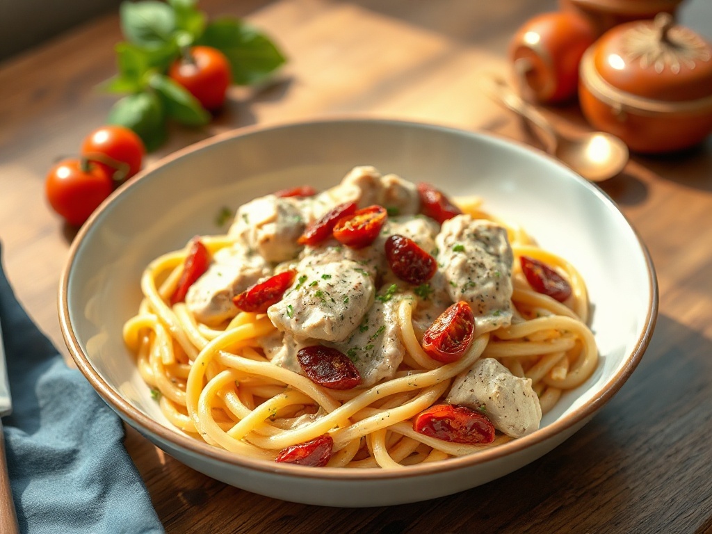 Pâtes crémeuses au poulet et tomates séchées