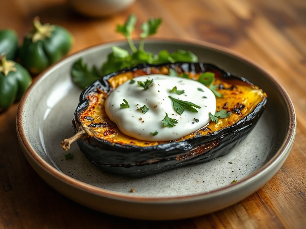 Aubergines fondantes rôties au four, sauce yaourt