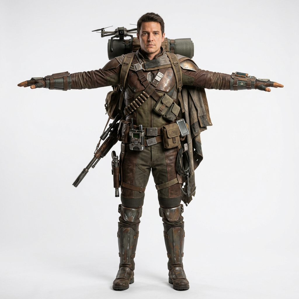 a bounty hunter carrying gear for