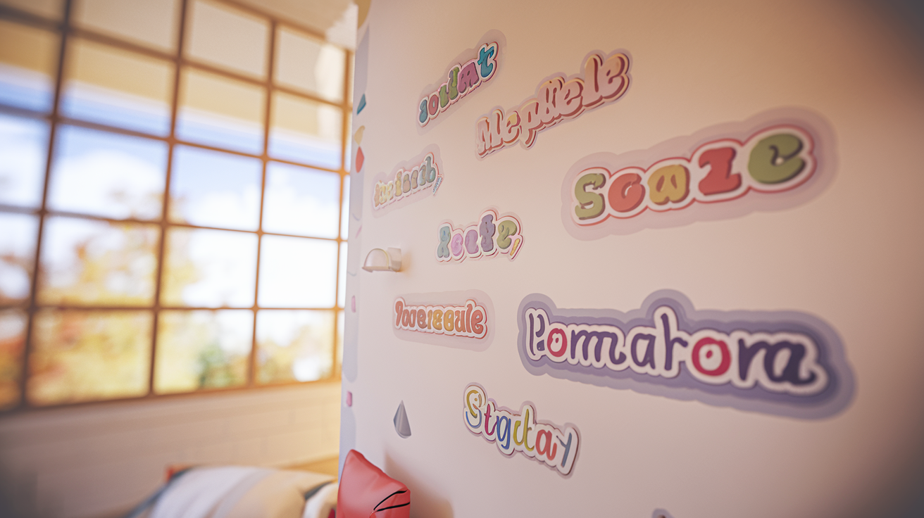 custom name stickers personalization in colorful fonts on kids bedroom wall