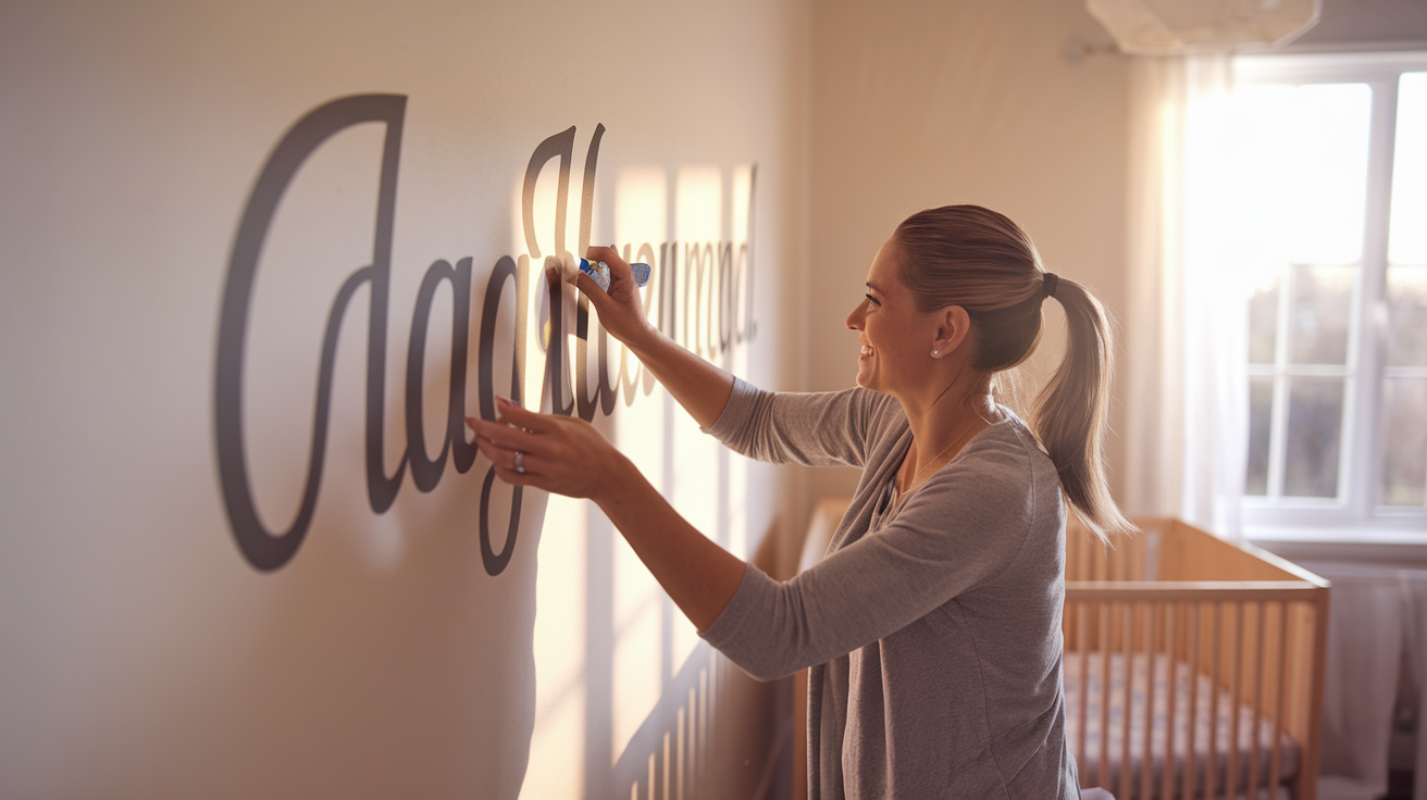 person applying custom name stickers personalization to nursery wall