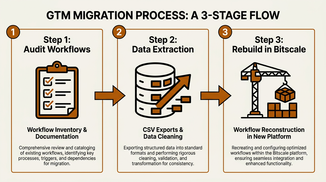 Three-step Clay to Bitscale migration infographic for GTM teams