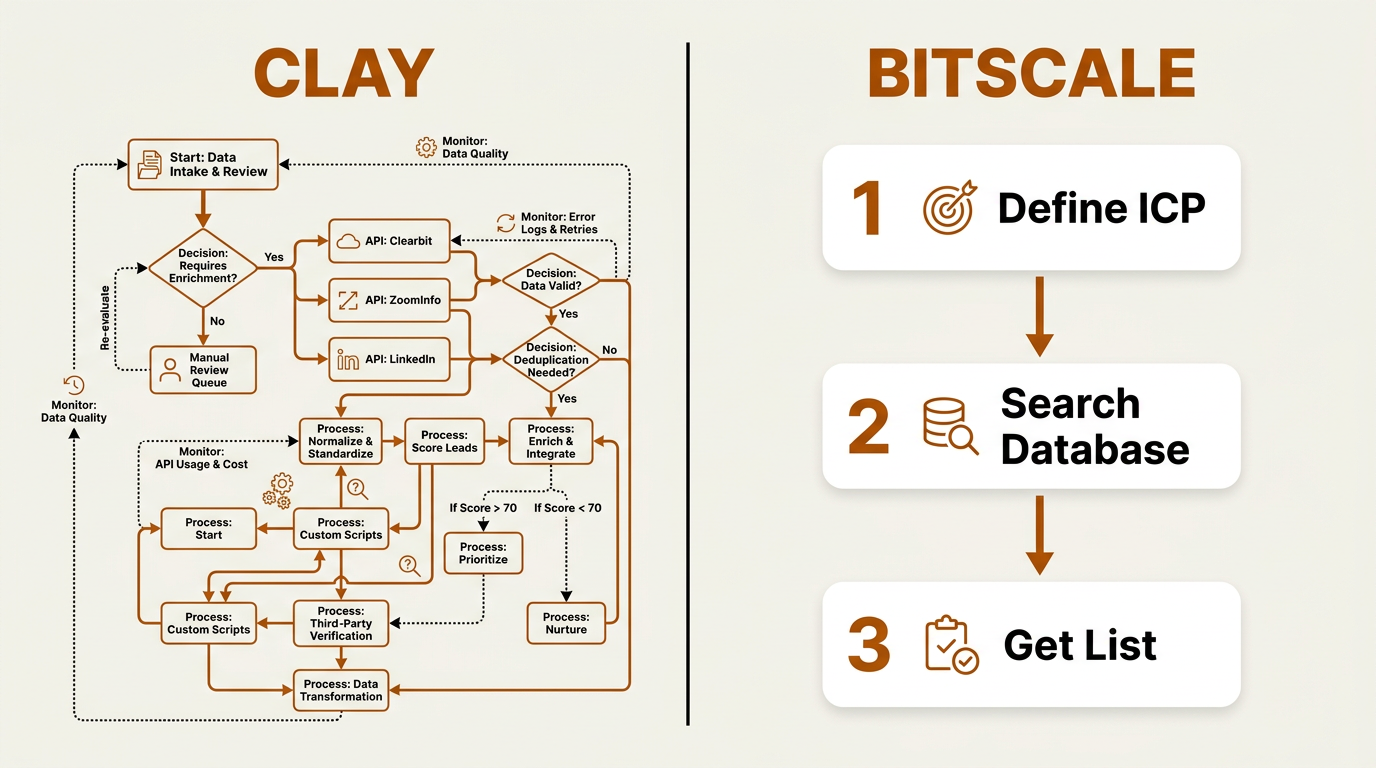 Side-by-side diagram comparing Clay versus Bitscale prospect list building workflows